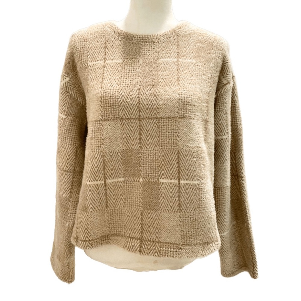 Greylin Beige and White Plaid Fuzzy Chunky Sweater